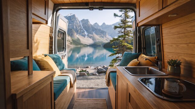 Interior view of a camper van kitchen overlooking a scenic mountain lake with mountain adventure interior outdoors roadtrip lifestyle landscape vacation explorer