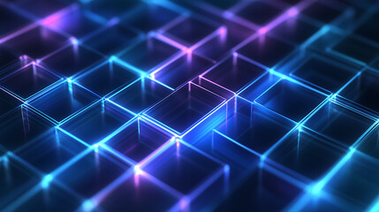Obraz premium Abstract background featuring glowing blue and purple neon grid lines forming a digital structure.