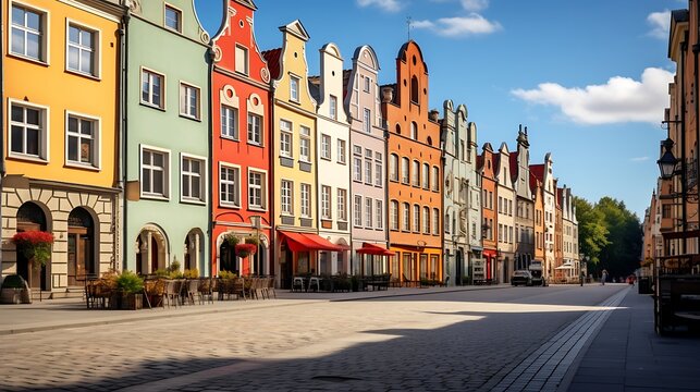 Charming row of colorful old town houses in Gdansk, Poland on sunny day.