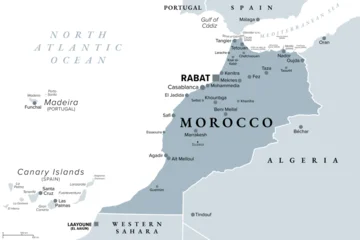 Morocco, gray political map with capital Rabat. Kingdom in the Maghreb region of North Africa, with Spanish exclaves, and  coastlines on the Mediterranean Sea and Atlantic Ocean. Illustration. Vector © Peter Hermes Furian