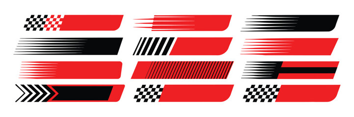 Dynamic racing stripes and checkered flag icon collection, motorsport speed symbols, finish line graphics, motocross labels, competition badge elements, automotive racing design, modern flat vector. © Nayem
