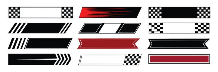 Dynamic racing stripes and checkered flag icon collection, motorsport speed symbols, finish line graphics, motocross labels, competition badge elements, automotive racing design, modern flat vector. © Nayem