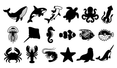 Sea Life and Marine Animal Silhouette Vector Bundle featuring Whale, Killer Orca, Shark, Turtle, Octopus, and Coral Reef Creatures © MdShagarAli