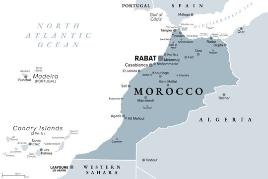 Morocco, gray political map with capital Rabat. Kingdom in the Maghreb region of North Africa, with Spanish exclaves, and  coastlines on the Mediterranean Sea and Atlantic Ocean. Illustration. Vector