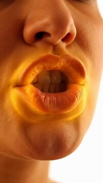 Close up of a human mouth opening and puckering lips in warm light.