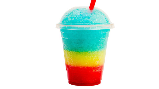 Layered slushy drink in plastic cup with red straw