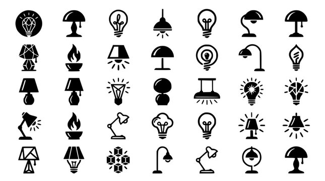 Light bulb and lamp solid glyph icon mega set featuring lighting equipment electricity ideas home interior desk lamps and innovative energy symbols