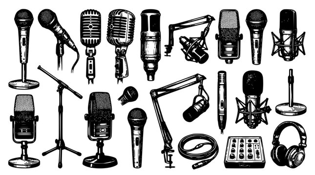 Vintage and modern microphone sketch icon set featuring studio recording equipment podcast broadcast stands mixer and headphones vector symbols