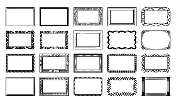 Vintage Rectangular Frame Set featuring Antique Baroque Filigree, Art Deco Geometric Lines, Classic Columns, and Ornate Floral Borders