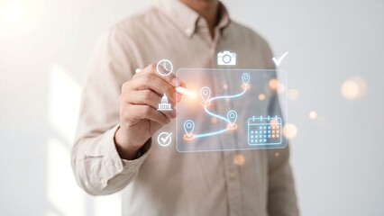 Obraz premium Man touching a virtual screen with a route map of location pins, calendar, clock, camera and landmark icons in bright light as a travel planning and trip itinerary concept