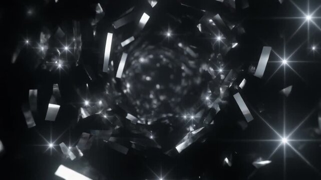 漆黒の環境に反射して輝く銀色の光の破片、エレガントなディスコボールの演出