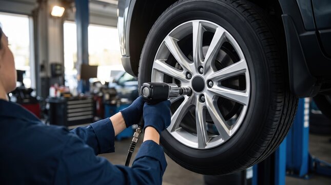 A mechanic uses a power tool to remove a tire from a car in an auto repair shop. Tools and other cars are visible in the background. It is a busy workday in the shop