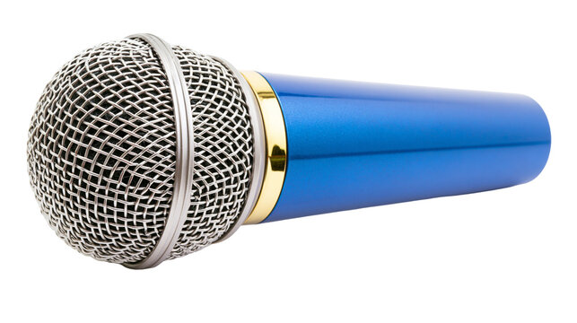 Blue metallic microphone with silver grille and gold ring