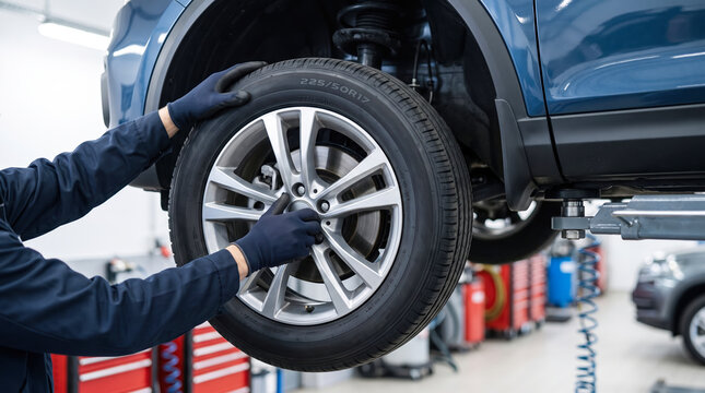 A person works on a vehicle inside an auto repair shop. They are using tools to take off a tire. The scene shows equipment and other cars in the background