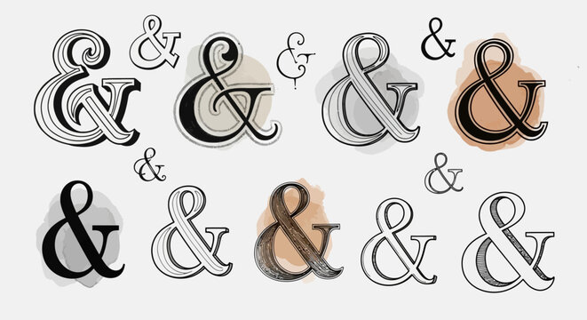 A collection of various hand drawn ampersand symbols on a white background