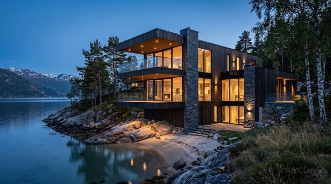Contemporary waterfront house on rocky lake shore at blue hour