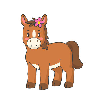 Cute horse, cartoon pony, vector filly on white background.