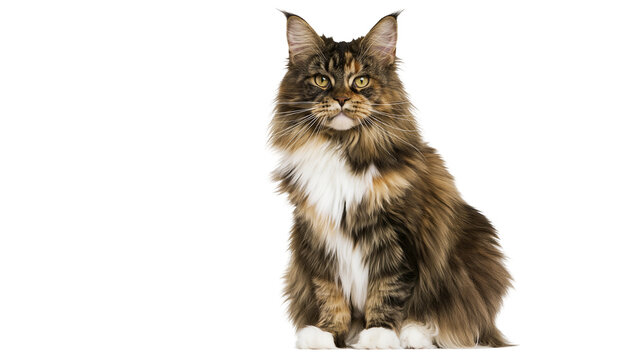 Maine Coon cat sitting with fluffy brown fur and white chest