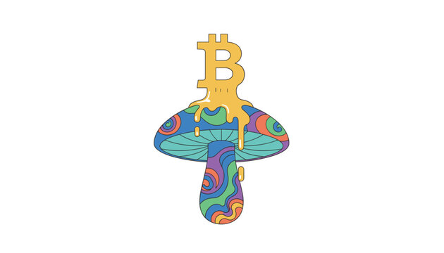 Psychedelic mushroom with colorful swirling patterns has a melting golden bitcoin logo dripping from its top cap in a creative illustration.
