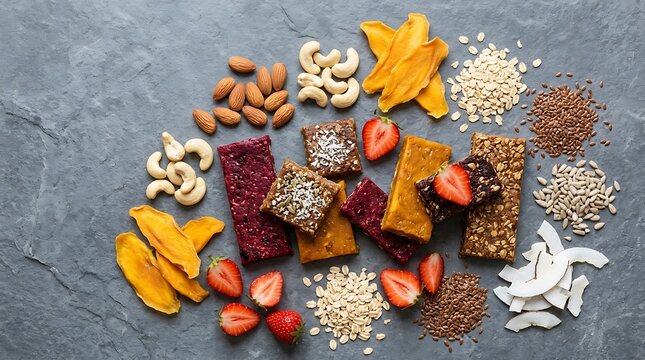Healthy fruit and nut snack bars with raw ingredients on a grey stone background. no-bake fruit bars