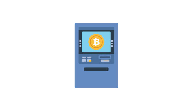 Light blue automated teller machine featuring a digital screen display showing a golden bitcoin icon for modern cryptocurrency banking transactions.
