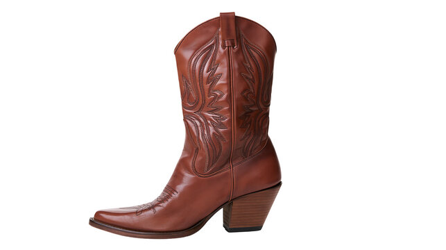 Brown leather cowboy boot with intricate stitching and stacked heel