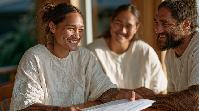 Maori couple in their thirties sitting at a dining table in morning light, one partner sliding a financial goal chart across the table to the other, the document showing a shared