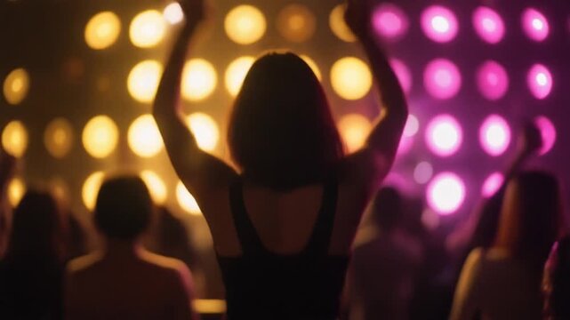脈打つ光を背景に暗いシルエットとなってナイトクラブで踊る女性の後ろ姿
