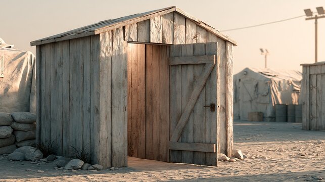 A simple wooden latrine structure in a military camp corner.