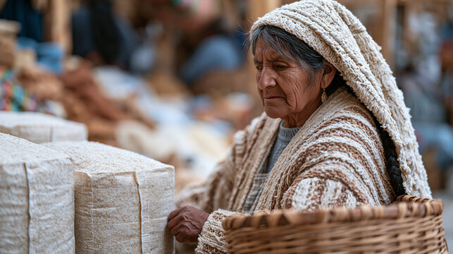 Bolivian grandmother in a vibrant weekend market, a woven basket on her arm, scrutinizing unit prices on two nearly identical bags of rice, choosing the heavier option for the