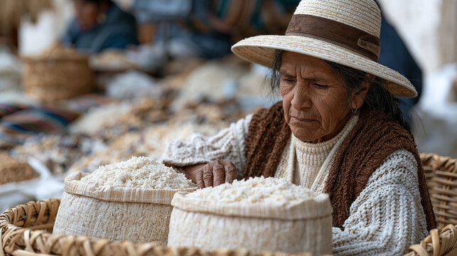 Bolivian grandmother in a vibrant weekend market, a woven basket on her arm, scrutinizing unit prices on two nearly identical bags of rice, choosing the heavier option for the