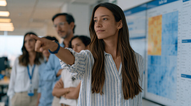 Colombian data analyst in open plan office points to a wall-mounted skills gap analysis visualization, heat map quadrants showing department-wide competency shortfalls while