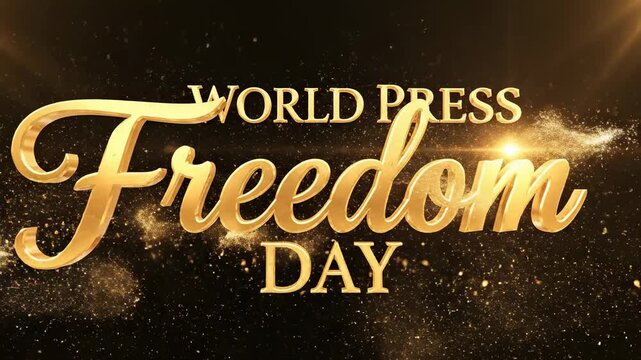 Elegant Golden World Press Freedom Day 3D Text with Sparkling Particles on Black Background, Perfect for News Broadcasts and Media Awareness.