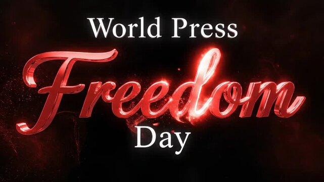 World Press Freedom Day Celebration with Glowing Red 3D Text on Black Background, ideal for news broadcasts and social media awareness campaigns.