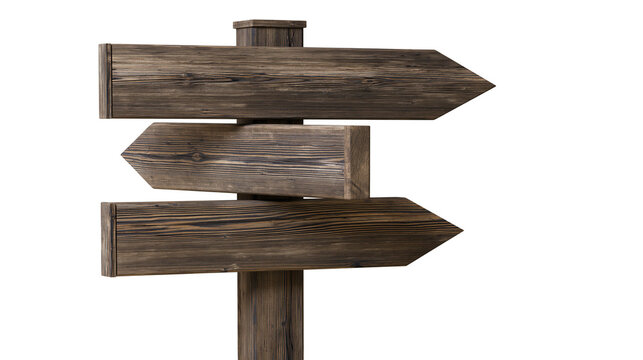 Wooden directional signpost with three arrow-shaped signs