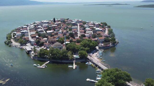 Aerial View of Golyazi Village on a Small Island Surrounded by Lake Uluabat in Bursa Turkey, Historic Settlement, Scenic Landscape