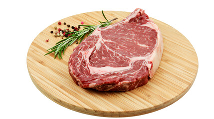 Fototapeta premium Raw beef ribeye steak with rosemary and peppercorns on wooden board