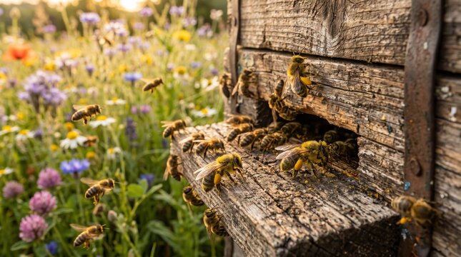Honeybees buzzing around a rustic wooden beehive in a vibrant wildflower meadow during golden hour.
