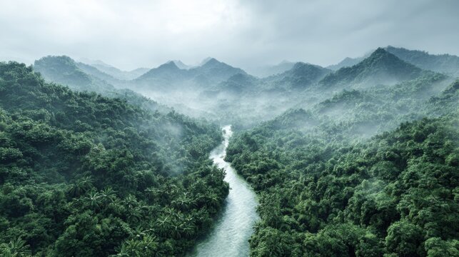Aerial view of a winding river flowing through a dense, misty jungle valley surrounded by lush mountains
