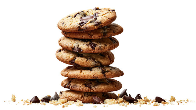 Stack of chocolate chip cookies with scattered chips and crumbs
