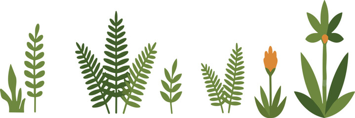 Green botanical plant elements set featuring hand drawn vector illustrations of tropical fern leaves wild jungle fronds and small orange forest flowers © Lili Begum