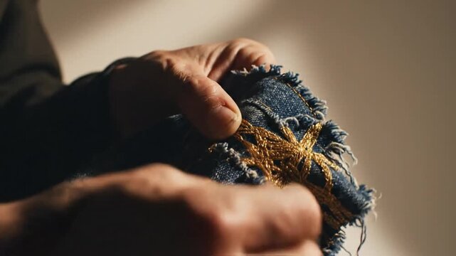 Close up of hands sewing gold thread embroidery on denim fabric.