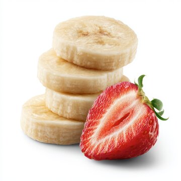 a pyramid of three banana disks, one on top of the other, and a half strawberry in the foreground. professional 
