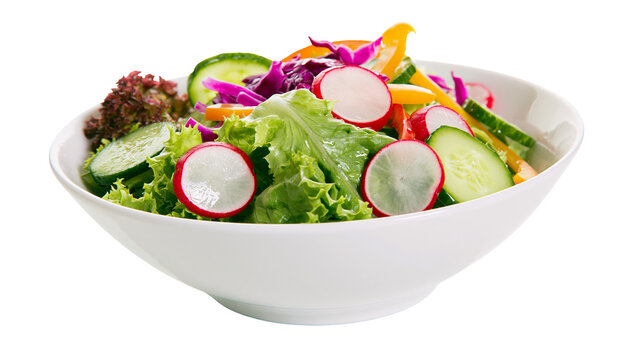 Fresh garden salad with lettuce radish cucumber, and bell pepper in white bowl