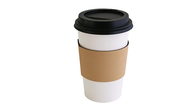 White paper coffee cup with black lid and brown sleeve