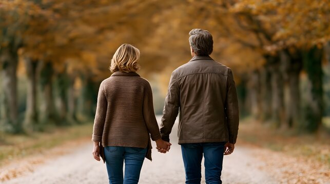 Senior couple walking hand in hand on tree-lined path, healthy aging