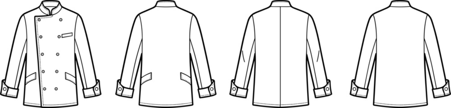 Chef uniform jacket fashion design sketch showing front and back view of professional kitchen workwear technical drawing image_36d7e1.jpg