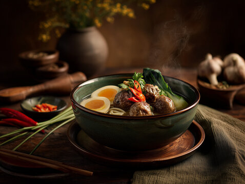 Bakso served in premium ceramic bowl with Independence Day table styling, hyper realistic food photography