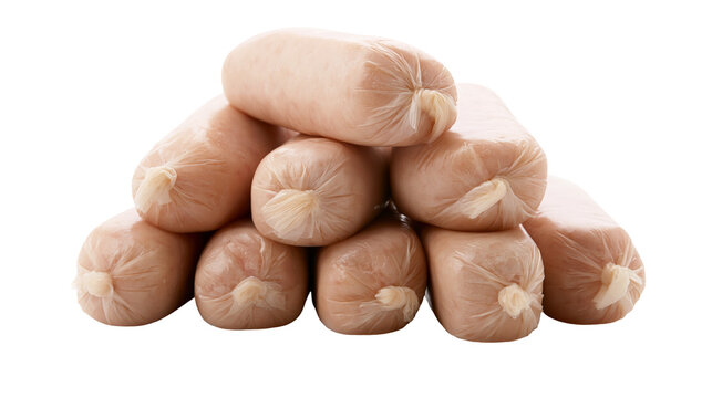 Raw sausage links piled up, tied with string