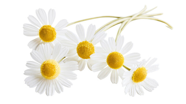 Five white daisies with yellow centers and green stems